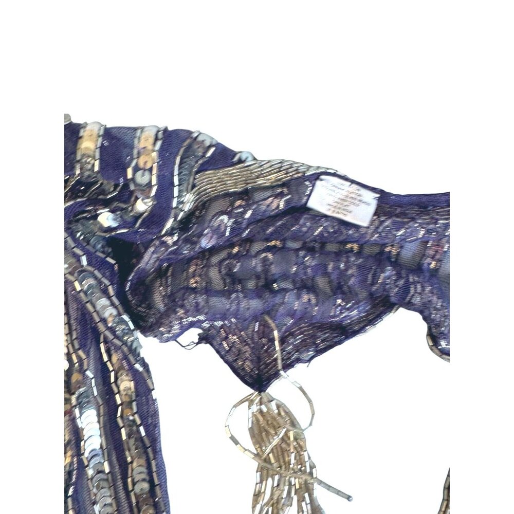 Blue Mesh Silver Sequin Glass Beaded Triangle Shawl Wrap Fringe 23" - Picture 10 of 11